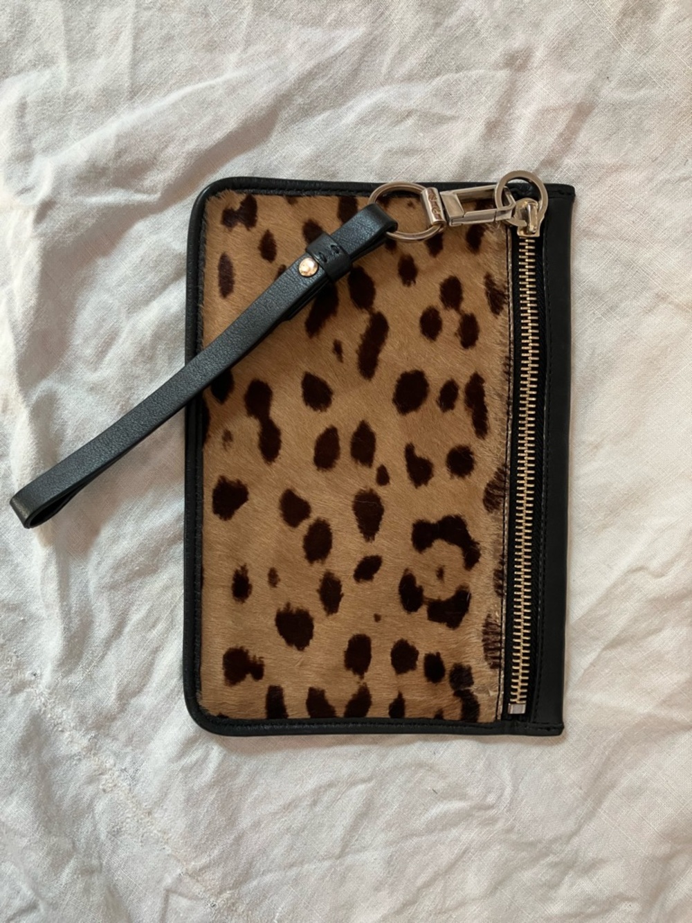 Alexander Wang Leopard Print Pony Hair and Black Leather Clutch Wristlet